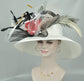 Wide Brim Sinamay Derby Hat: White, Red Silk Flowers & Peacock Feathers