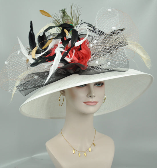 Wide Brim Sinamay Derby Hat: White, Red Silk Flowers & Peacock Feathers