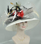 Wide Brim Sinamay Derby Hat: White, Red Silk Flowers & Peacock Feathers