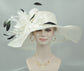 Wide Brim Sinamay Derby Hat: White Feather Flower Church Hat