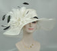 Wide Brim Sinamay Derby Hat: White Feather Flower Church Hat