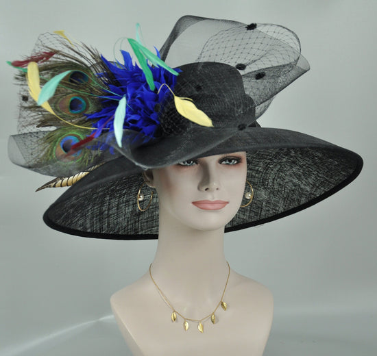 Wide Brim Sinamay Kentucky Derby Hat: Black Royal Blue Peacock Feather