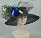 Wide Brim Sinamay Kentucky Derby Hat: Black Royal Blue Peacock Feather