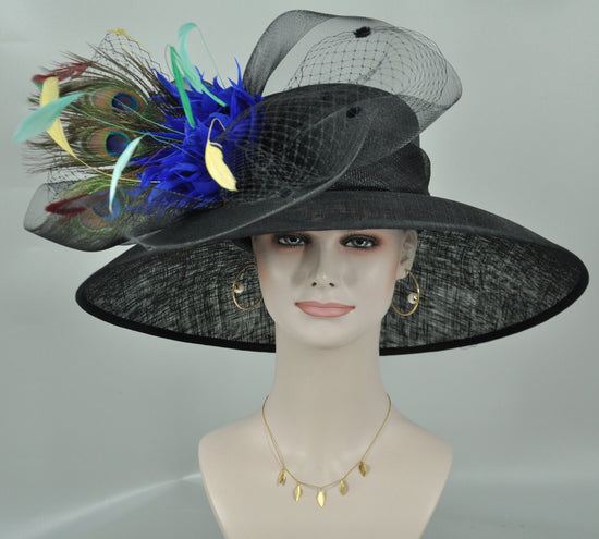 Black Royal Blue Peacock Feather Wide Brim Kentucky Derby Hat, Ascot Hat for Wedding Tea Party,Garden Party Hat,Mother of the Bride, Church