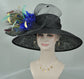 Wide Brim Sinamay Kentucky Derby Hat: Black Royal Blue Peacock Feather