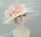 Wide Brim Sinamay Kentucky Derby Hat: White with Blush Pink Feather Flower