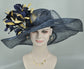 Navy Blue Sinamay Derby Hat: Feather Flower Wide Brim