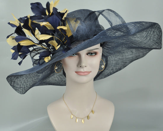 Navy Blue Sinamay Derby Hat: Feather Flower Wide Brim