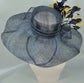 Navy Blue Sinamay Derby Hat: Feather Flower Wide Brim
