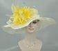 off White/ Ivory w Yellow Powder BLue  Feather Flower Kentucky Derby Hat, Church Hat, Wedding Hat, Easter Hat,  Wide Brim  Sinamay  Hat