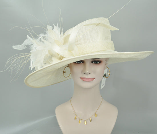 Ivory Sinamay Wide Brim Hat: Feather Flower Derby Ascot