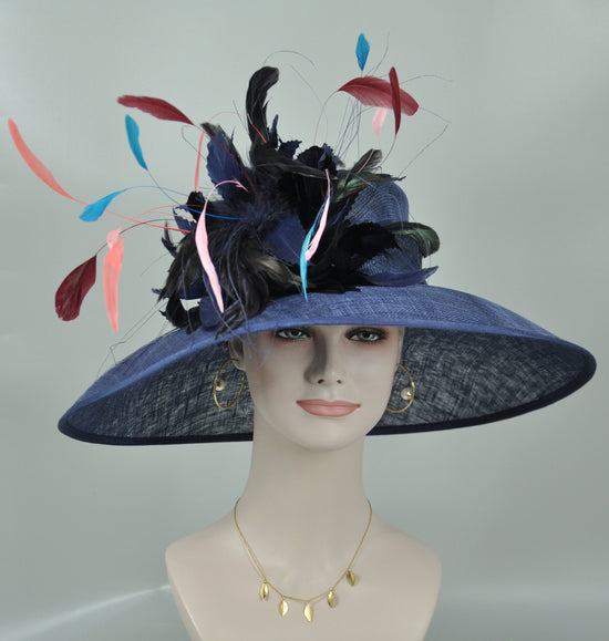 Navy Blue Feather Flower Derby Hat: Wide Brim Sinamay