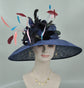 Navy Blue Feather Flower Derby Hat: Wide Brim Sinamay