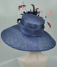 Navy Blue Feather Flower Derby Hat: Wide Brim Sinamay