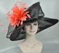 Black Sinamay Derby Hat: Yellow Feather Flower, Wide Brim Organza