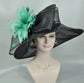 Black Sinamay Derby Hat: Yellow Feather Flower, Wide Brim Organza