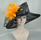 Black Sinamay Derby Hat: Yellow Feather Flower, Wide Brim Organza