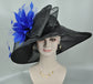 Black Sinamay Derby Hat: Yellow Feather Flower, Wide Brim Organza