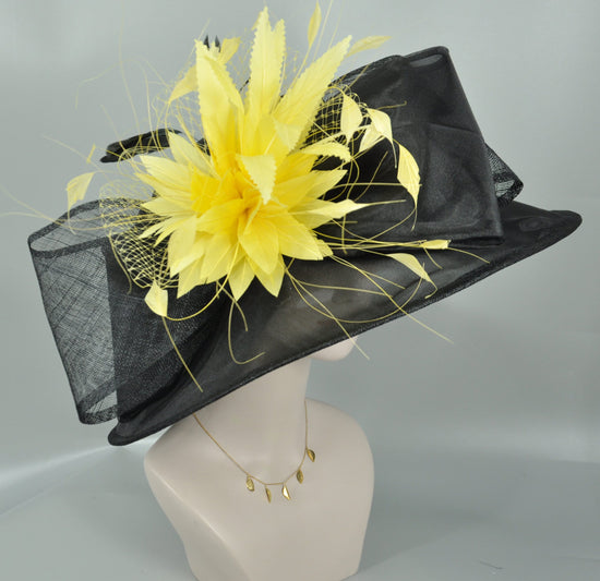 Black Sinamay Derby Hat: Yellow Feather Flower, Wide Brim Organza