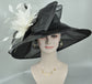 Black Sinamay Derby Hat: Yellow Feather Flower, Wide Brim Organza