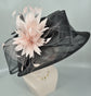 Black Sinamay Derby Hat: Purple Feather Flower, Wide Brim Organza