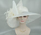 White Feather Flower Derby Hat: Wide Brim Sinamay Organza