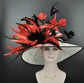 Wide Brim Kentucky Derby Hat: Red & Black Feathered Sinamay Church Hat