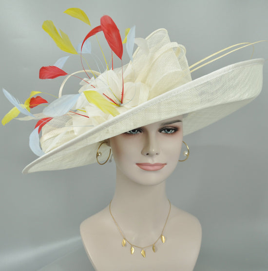 Wide Brim Sinamay Derby Hat: Feathered Church Wedding Tea Party Hat