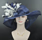 Navy Blue White Feather Flower  Wide Brim Sinamay hat, Kentucky derby Hat, Wedding Guest Hat, Tea Party Hat, Ascot Royal Style Hat,Oaks Day