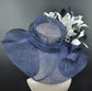 Navy Blue White Feather Flower  Wide Brim Sinamay hat, Kentucky derby Hat, Wedding Guest Hat, Tea Party Hat, Ascot Royal Style Hat,Oaks Day
