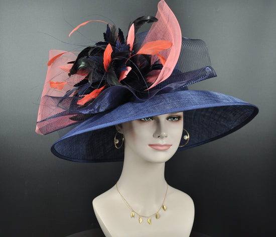 Navy Sinamay Kentucky Derby Hat: Coral Feather Flowers, Wide Brim