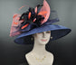 Navy Sinamay Kentucky Derby Hat: Coral Feather Flowers, Wide Brim
