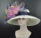 Kentucky Derby Sinamay Hat: Ivory Wide Brim with Feather Flower