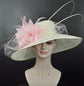 Wide Brim Sinamay Derby Hat: Ivory with Baby Pink Feathers