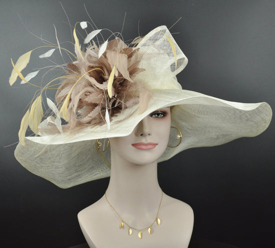 Wide Brim Sinamay Derby Hat: Ivory, Taupe, and Gold Feather Flowers