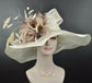 Wide Brim Sinamay Derby Hat: Ivory, Taupe, and Gold Feather Flowers