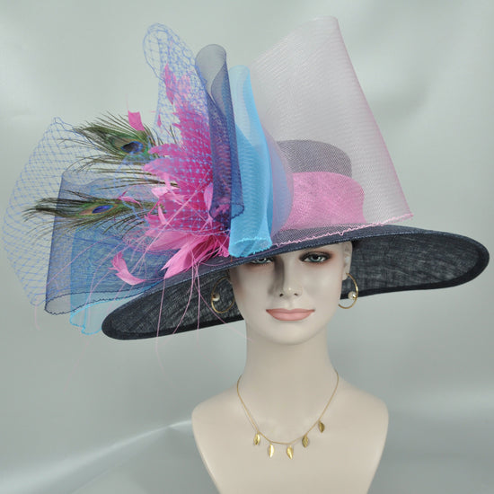 Navy Blue Sinamay Derby Hat: Feather Flower, Teal Bow