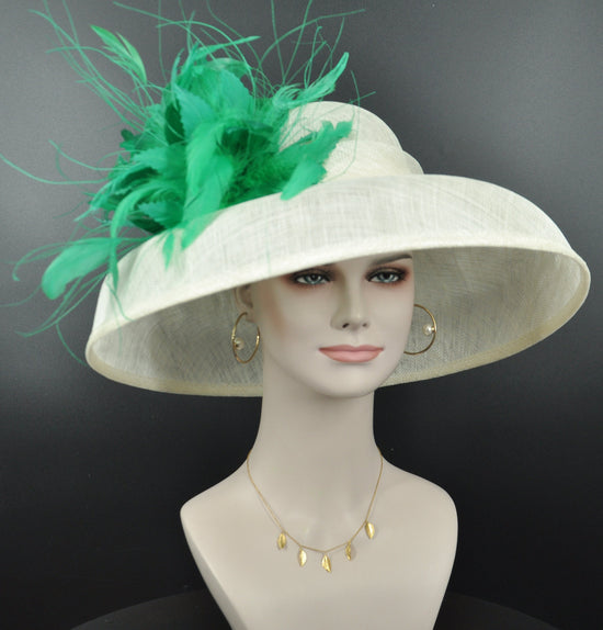 Sinamay Dome Hat: Ivory Wide Brim Kentucky Derby Hat with Green Feathers