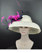 Sinamay Dome Hat: Ivory Wide Brim Kentucky Derby Hat with Feather Flower