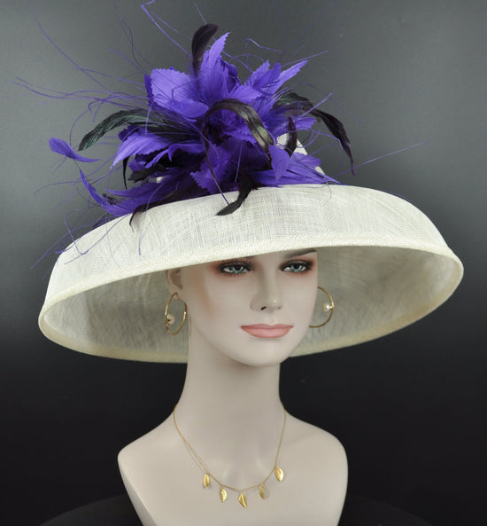 Sinamay Dome Hat: Ivory Wide Brim Kentucky Derby Hat with Purple Feathers