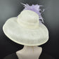 Audrey Hepburn Style Sinamay Dome Hat: Ivory & Lavender Feather Kentucky Derby