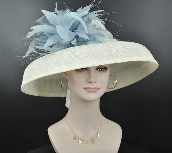 Sinamay Dome Hat: Audrey Hepburn Style, Kentucky Derby, Ivory & Powder Blue