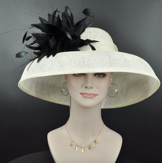Sinamay Dome Hat: Ivory Wide Brim DerbyFeather Hat