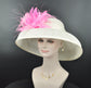 Wide Brim Sinamay Kentucky Derby Hat: Ivory & Pink Feather Dome