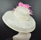 Wide Brim Sinamay Kentucky Derby Hat: Ivory & Pink Feather Dome