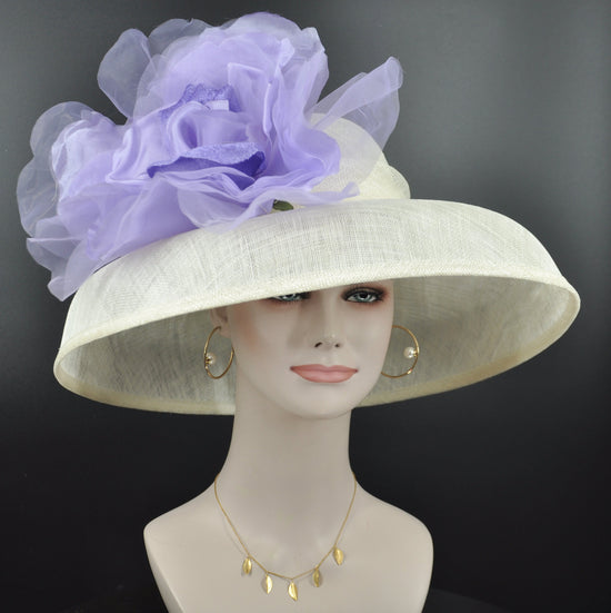 Wide Brim Sinamay Derby Hat: Ivory, Lavender Silk Flower