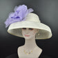 Wide Brim Sinamay Derby Hat: Ivory, Lavender Silk Flower