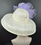 Wide Brim Sinamay Derby Hat: Ivory, Lavender Silk Flower