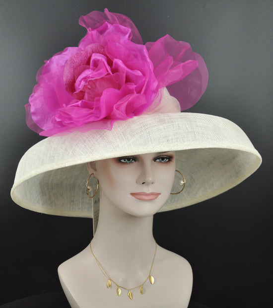 Wide Brim Sinamay Derby Hat: Ivory & Fuchsia Silk Flower