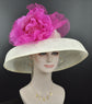 Wide Brim Sinamay Derby Hat: Ivory & Fuchsia Silk Flower